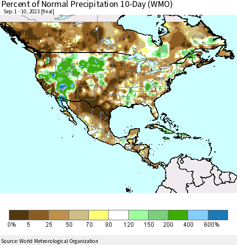 North America Percent of Normal Precipitation 10-Day (WMO) Thematic Map For 9/1/2023 - 9/10/2023