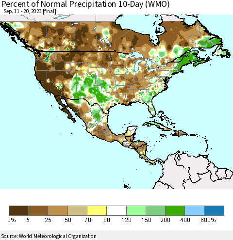North America Percent of Normal Precipitation 10-Day (WMO) Thematic Map For 9/11/2023 - 9/20/2023