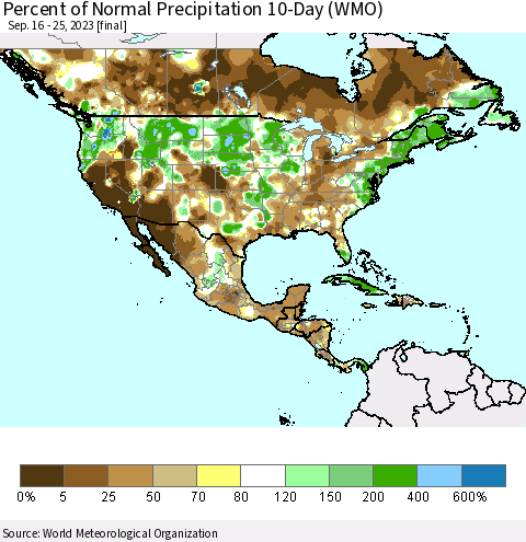 North America Percent of Normal Precipitation 10-Day (WMO) Thematic Map For 9/16/2023 - 9/25/2023