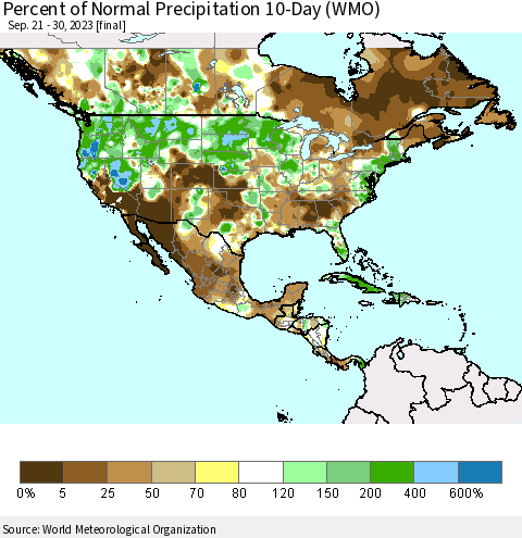 North America Percent of Normal Precipitation 10-Day (WMO) Thematic Map For 9/21/2023 - 9/30/2023