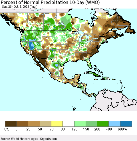 North America Percent of Normal Precipitation 10-Day (WMO) Thematic Map For 9/26/2023 - 10/5/2023