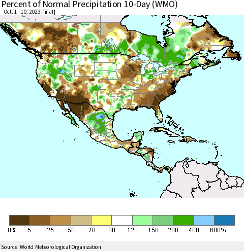 North America Percent of Normal Precipitation 10-Day (WMO) Thematic Map For 10/1/2023 - 10/10/2023