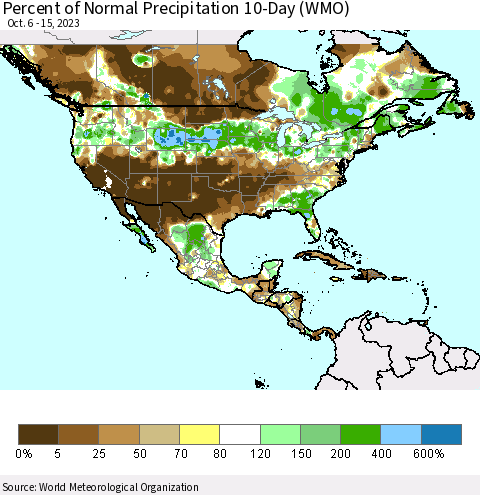 North America Percent of Normal Precipitation 10-Day (WMO) Thematic Map For 10/6/2023 - 10/15/2023