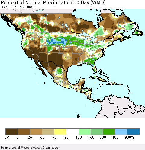 North America Percent of Normal Precipitation 10-Day (WMO) Thematic Map For 10/11/2023 - 10/20/2023