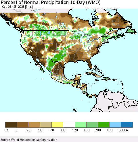 North America Percent of Normal Precipitation 10-Day (WMO) Thematic Map For 10/16/2023 - 10/25/2023