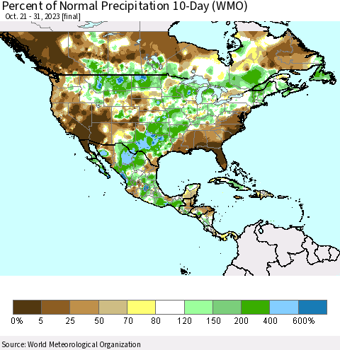 North America Percent of Normal Precipitation 10-Day (WMO) Thematic Map For 10/21/2023 - 10/31/2023