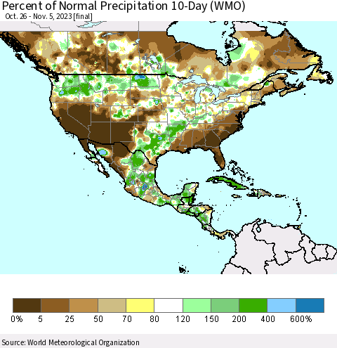 North America Percent of Normal Precipitation 10-Day (WMO) Thematic Map For 10/26/2023 - 11/5/2023