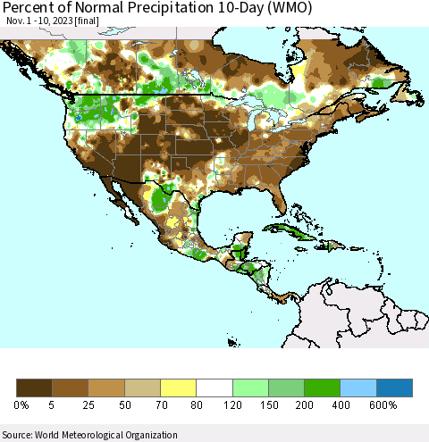 North America Percent of Normal Precipitation 10-Day (WMO) Thematic Map For 11/1/2023 - 11/10/2023