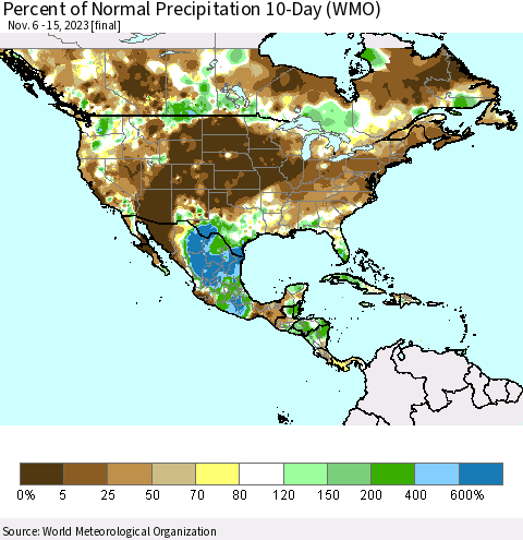 North America Percent of Normal Precipitation 10-Day (WMO) Thematic Map For 11/6/2023 - 11/15/2023