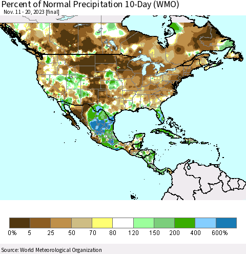 North America Percent of Normal Precipitation 10-Day (WMO) Thematic Map For 11/11/2023 - 11/20/2023