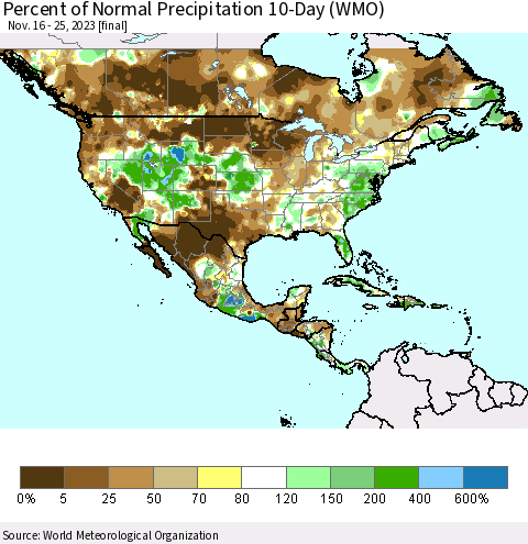North America Percent of Normal Precipitation 10-Day (WMO) Thematic Map For 11/16/2023 - 11/25/2023