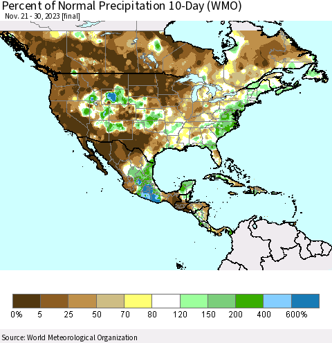 North America Percent of Normal Precipitation 10-Day (WMO) Thematic Map For 11/21/2023 - 11/30/2023
