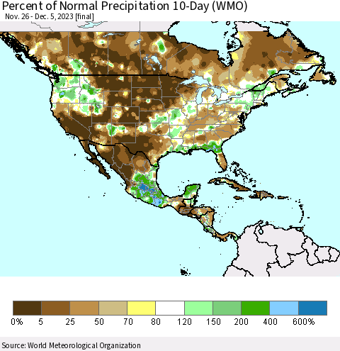 North America Percent of Normal Precipitation 10-Day (WMO) Thematic Map For 11/26/2023 - 12/5/2023