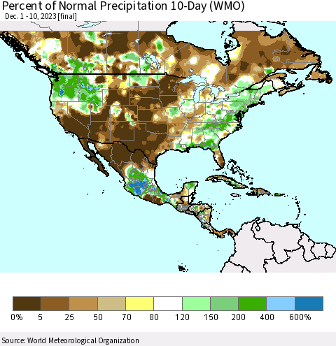 North America Percent of Normal Precipitation 10-Day (WMO) Thematic Map For 12/1/2023 - 12/10/2023