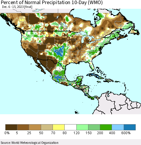 North America Percent of Normal Precipitation 10-Day (WMO) Thematic Map For 12/6/2023 - 12/15/2023