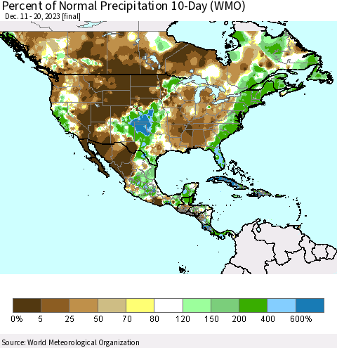 North America Percent of Normal Precipitation 10-Day (WMO) Thematic Map For 12/11/2023 - 12/20/2023