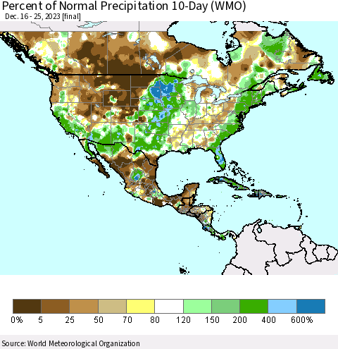 North America Percent of Normal Precipitation 10-Day (WMO) Thematic Map For 12/16/2023 - 12/25/2023