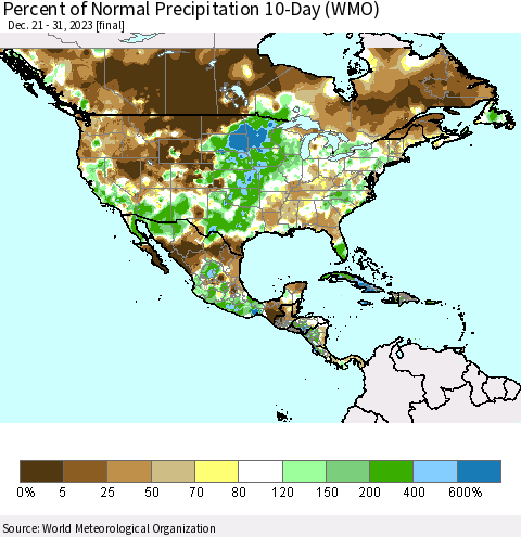North America Percent of Normal Precipitation 10-Day (WMO) Thematic Map For 12/21/2023 - 12/31/2023