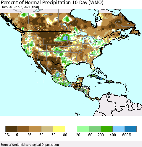 North America Percent of Normal Precipitation 10-Day (WMO) Thematic Map For 12/26/2023 - 1/5/2024
