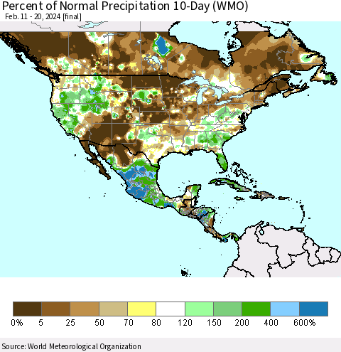 North America Percent of Normal Precipitation 10-Day (WMO) Thematic Map For 2/11/2024 - 2/20/2024