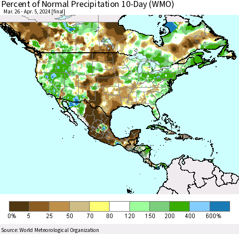North America Percent of Normal Precipitation 10-Day (WMO) Thematic Map For 3/26/2024 - 4/5/2024