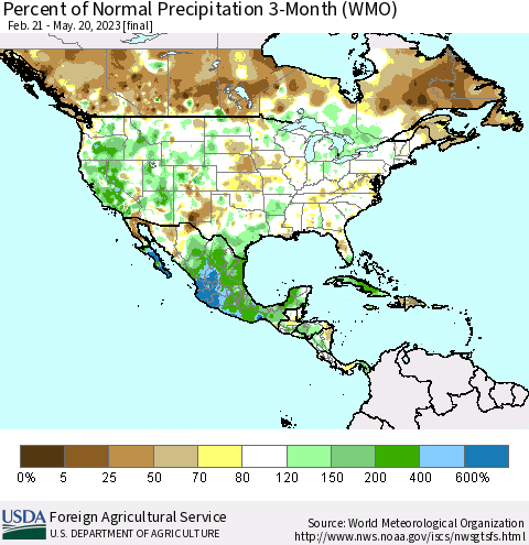 North America Percent of Normal Precipitation 3-Month (WMO) Thematic Map For 2/21/2023 - 5/20/2023