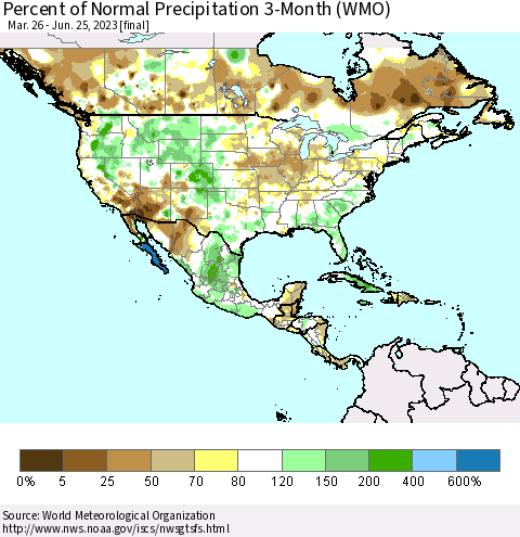 North America Percent of Normal Precipitation 3-Month (WMO) Thematic Map For 3/26/2023 - 6/25/2023