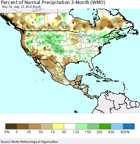 North America Percent of Normal Precipitation 3-Month (WMO) Thematic Map For 5/16/2023 - 8/15/2023