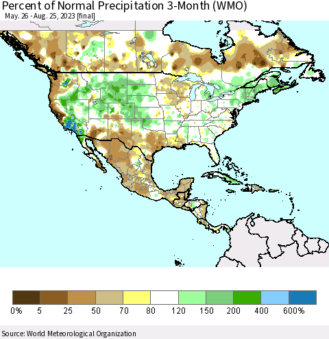 North America Percent of Normal Precipitation 3-Month (WMO) Thematic Map For 5/26/2023 - 8/25/2023