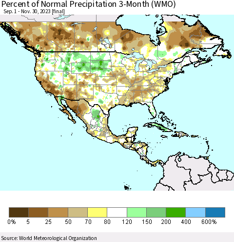 North America Percent of Normal Precipitation 3-Month (WMO) Thematic Map For 9/1/2023 - 11/30/2023