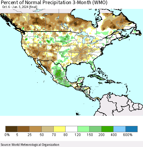 North America Percent of Normal Precipitation 3-Month (WMO) Thematic Map For 10/6/2023 - 1/5/2024