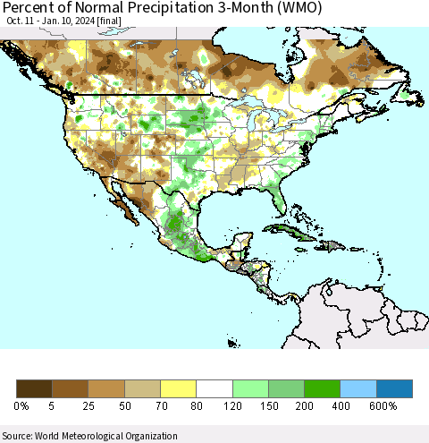 North America Percent of Normal Precipitation 3-Month (WMO) Thematic Map For 10/11/2023 - 1/10/2024