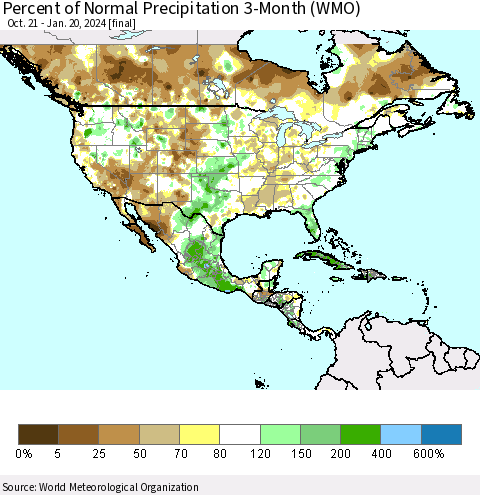 North America Percent of Normal Precipitation 3-Month (WMO) Thematic Map For 10/21/2023 - 1/20/2024