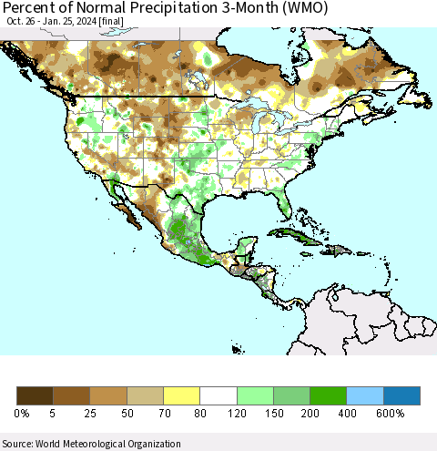 North America Percent of Normal Precipitation 3-Month (WMO) Thematic Map For 10/26/2023 - 1/25/2024