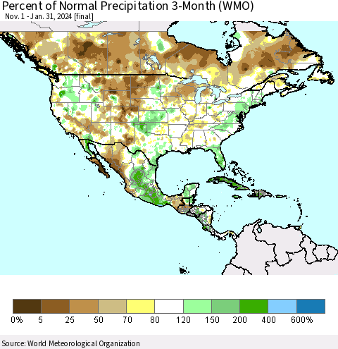 North America Percent of Normal Precipitation 3-Month (WMO) Thematic Map For 11/1/2023 - 1/31/2024