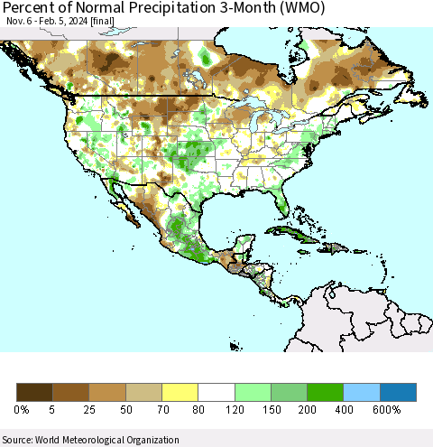 North America Percent of Normal Precipitation 3-Month (WMO) Thematic Map For 11/6/2023 - 2/5/2024