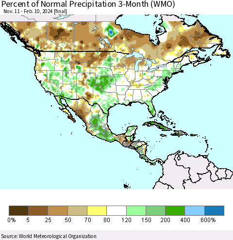 North America Percent of Normal Precipitation 3-Month (WMO) Thematic Map For 11/11/2023 - 2/10/2024