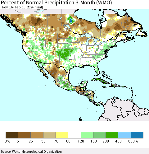 North America Percent of Normal Precipitation 3-Month (WMO) Thematic Map For 11/16/2023 - 2/15/2024