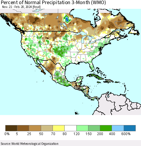 North America Percent of Normal Precipitation 3-Month (WMO) Thematic Map For 11/21/2023 - 2/20/2024