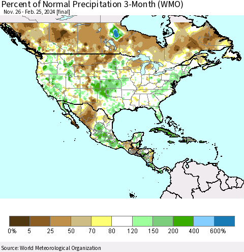 North America Percent of Normal Precipitation 3-Month (WMO) Thematic Map For 11/26/2023 - 2/25/2024