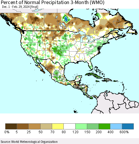 North America Percent of Normal Precipitation 3-Month (WMO) Thematic Map For 12/1/2023 - 2/29/2024