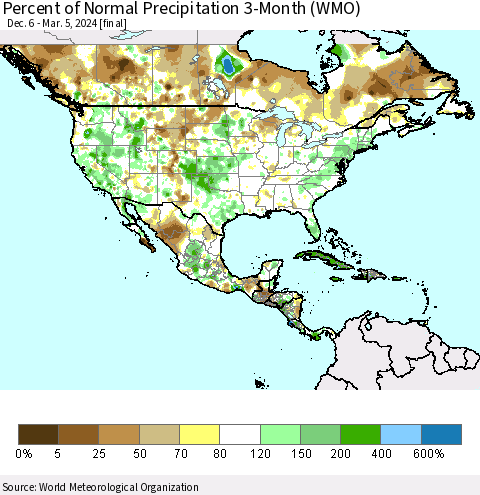 North America Percent of Normal Precipitation 3-Month (WMO) Thematic Map For 12/6/2023 - 3/5/2024