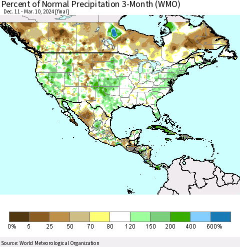 North America Percent of Normal Precipitation 3-Month (WMO) Thematic Map For 12/11/2023 - 3/10/2024