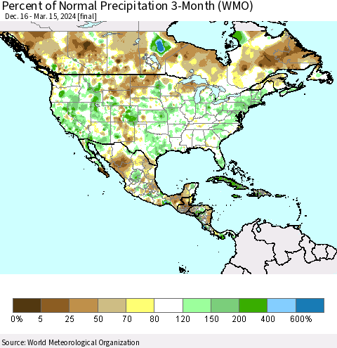 North America Percent of Normal Precipitation 3-Month (WMO) Thematic Map For 12/16/2023 - 3/15/2024