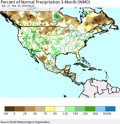 North America Percent of Normal Precipitation 3-Month (WMO) Thematic Map For 12/21/2023 - 3/20/2024