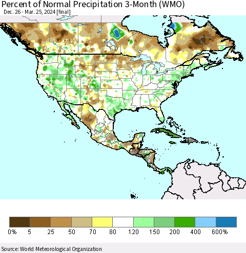 North America Percent of Normal Precipitation 3-Month (WMO) Thematic Map For 12/26/2023 - 3/25/2024