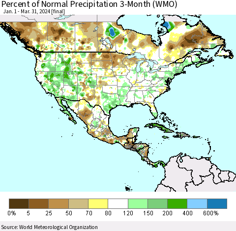 North America Percent of Normal Precipitation 3-Month (WMO) Thematic Map For 1/1/2024 - 3/31/2024