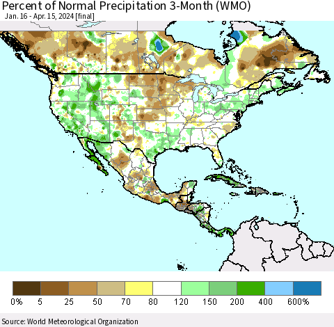 North America Percent of Normal Precipitation 3-Month (WMO) Thematic Map For 1/16/2024 - 4/15/2024