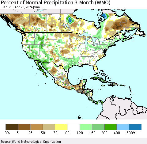 North America Percent of Normal Precipitation 3-Month (WMO) Thematic Map For 1/21/2024 - 4/20/2024
