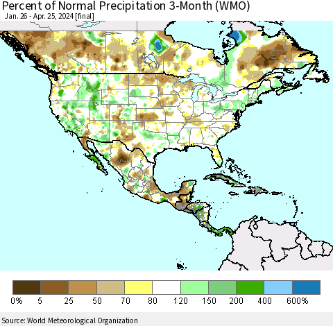 North America Percent of Normal Precipitation 3-Month (WMO) Thematic Map For 1/26/2024 - 4/25/2024